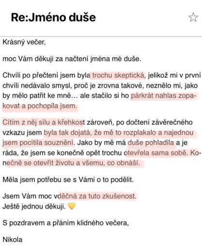 jméno duše reference, zkušenosti, zpětná vazba, vyznam